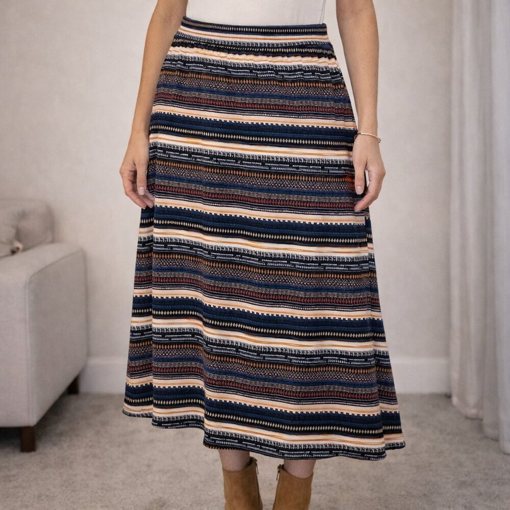 Lily Morgan XL Geometric Stripe Midi Skirt Stretch A-Line Pull On - Picture 1 of 8